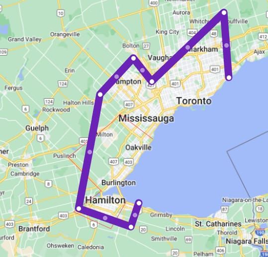 Map showing Your Downtown Doula in-person service area across the Greater Toronto Area